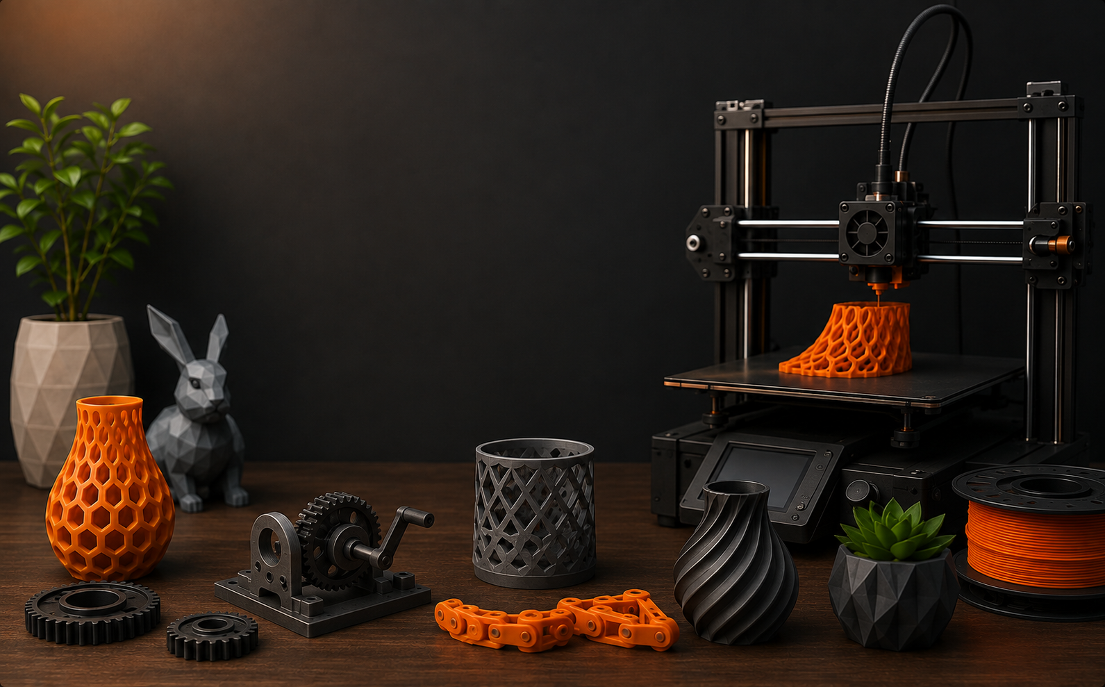 A CubyCrafts workbench: a 3D printer mid-print beside printed vases, gears and figures.